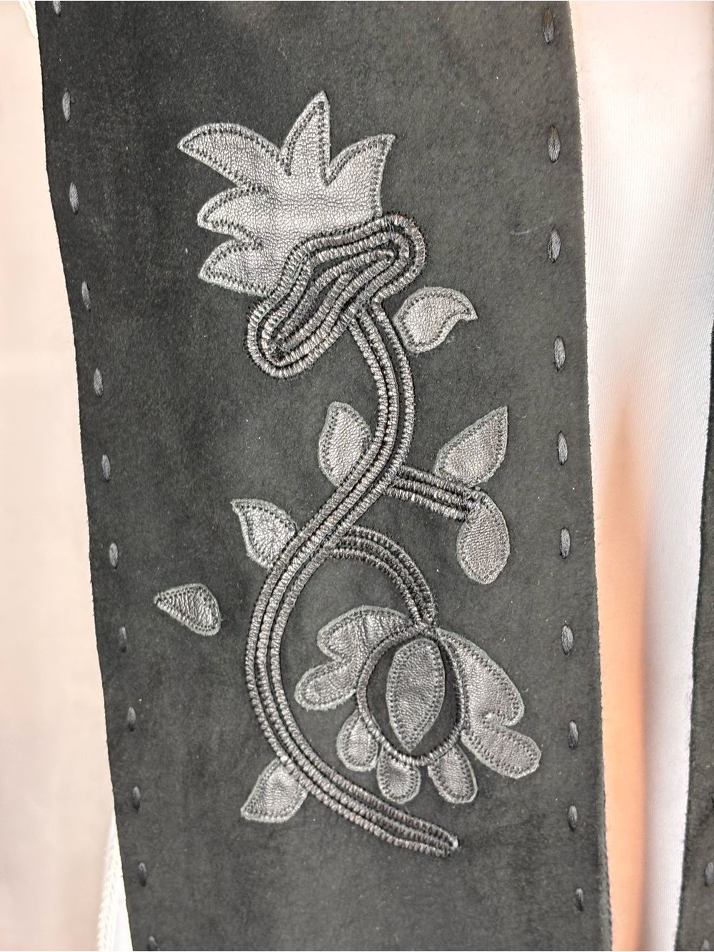 Vintage Natori Leather Fringe Scarf Pashmina Silk Lined Boho Floral Western Y2K - Picture 3 of 7